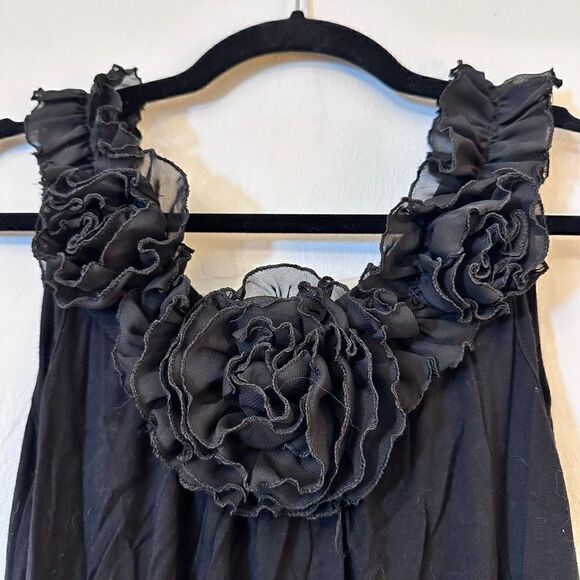 Moa Moa Applique Sheer Flower Rayon Blend Ruffle Top Black Size Medium - Picture 2 of 5
